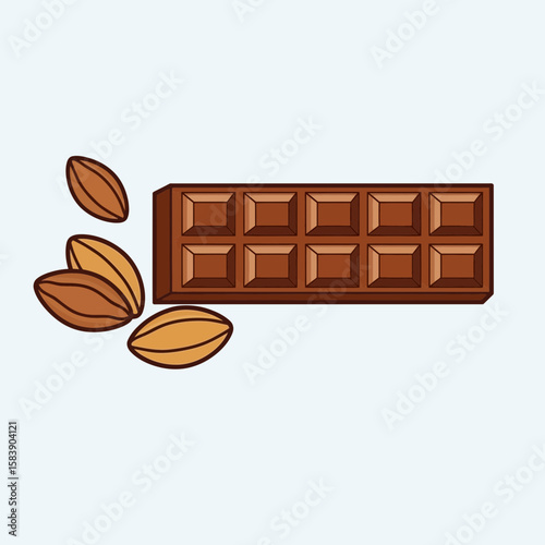 Chocolate bar and cocoa beans illustration on light blue background.