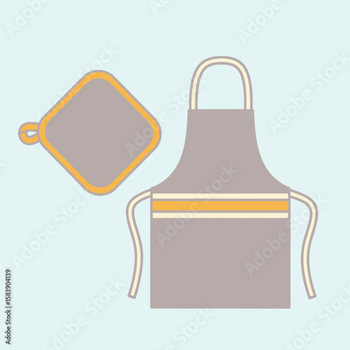Apron and potholder graphic on light blue background.