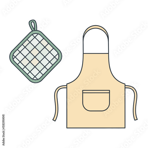 Apron and potholder kitchen utensils cooking illustration on white background.