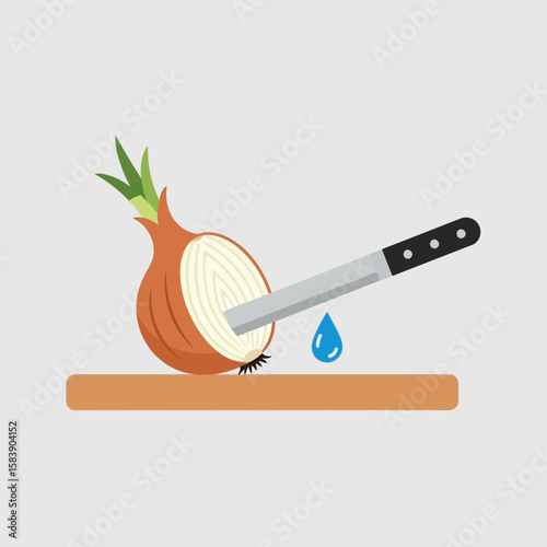 Onion cut with knife on wooden board with tear drop illustration.