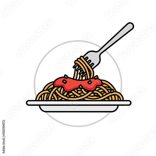 Spaghetti with sauce on a plate with a fork in a graphic style.