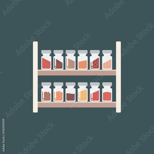 Spice rack with jars filled with colorful spices on a teal background.