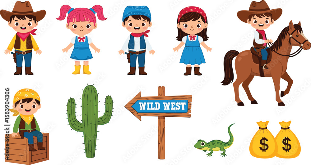 Obraz premium Wild West cartoon kids scene, cowboy and cowgirl children, horse riding, cactus, money bag icons, desert adventure illustration