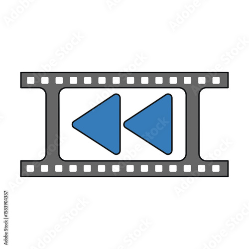 Blue rewind symbol within a film strip on a white background.