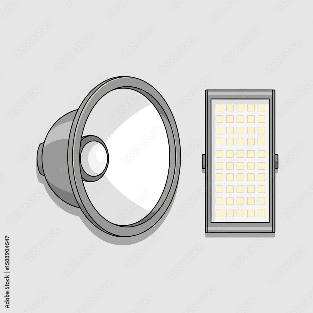 Two light sources one round one rectangular on a gray background.