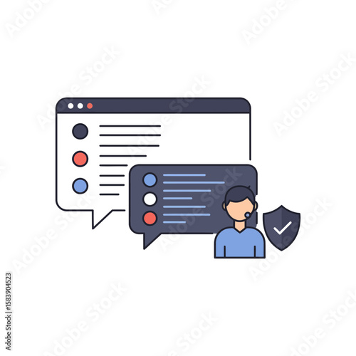 Illustration of comment section with user profile and security shield icon.