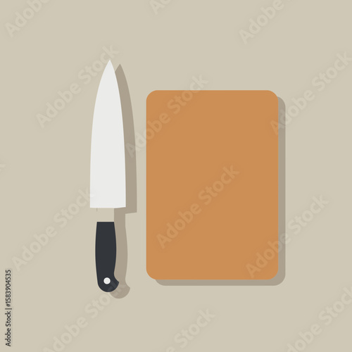 Knife and cutting board on a beige background simple flat lay style.
