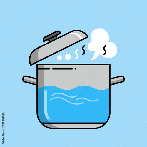 Cartoon illustration of a pot with water boiling and steam rising.