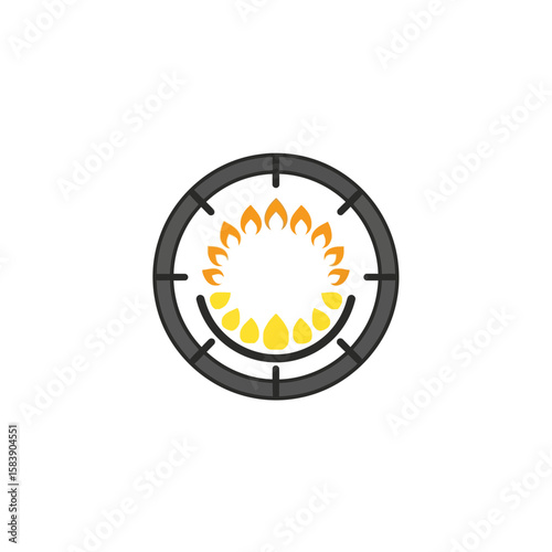 Gas burner with yellow flame inside a circular target symbol on white.