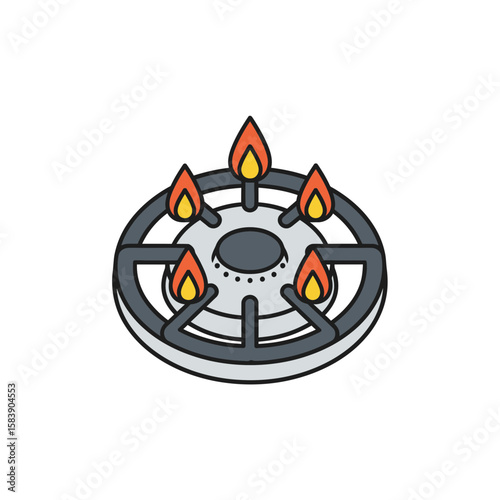 Gas stove burner with flames isolated on white background isometric illustration.