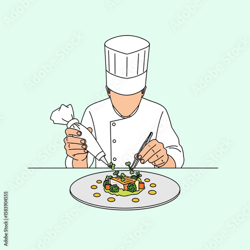 Chef in uniform decorates dish with pastry bag and tweezers on table.