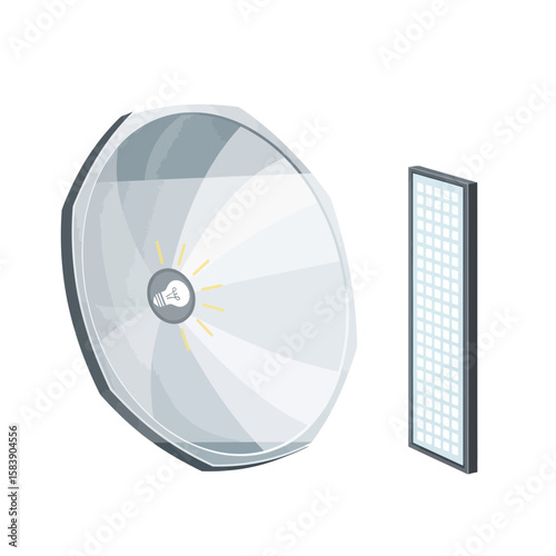 Studio lighting equipment including softbox and reflector against a white background.