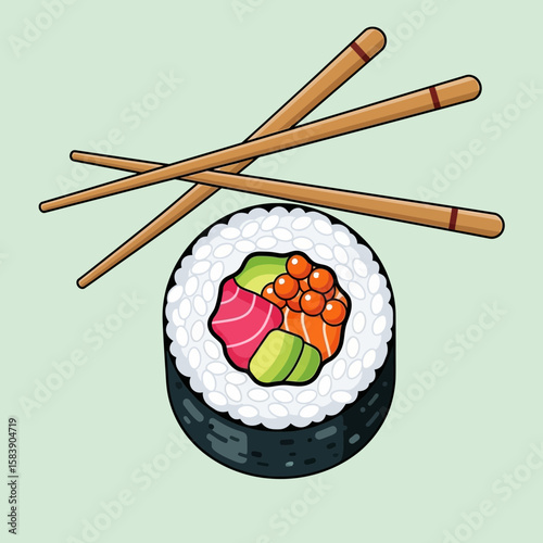 Sushi roll with chopsticks on a light green background illustration.