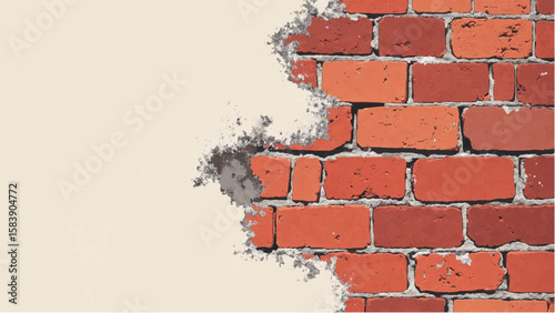 Damaged Red Brick Wall with Empty Beige Space for Design or Text. Vector Illustration.