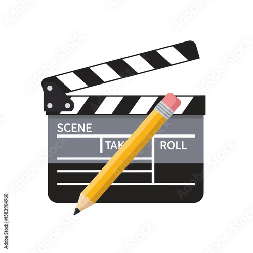 A film clapperboard with a pencil leaning against it on a white background.