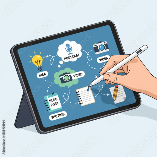 Hand uses stylus on tablet displaying icons representing ideas and documents.