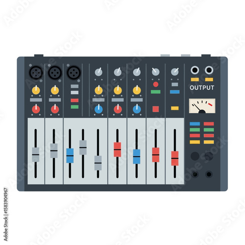 Audio mixer console with sliders knobs and inputs for sound production.
