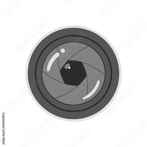 Camera lens aperture illustration in grayscale tones isolated on white background.