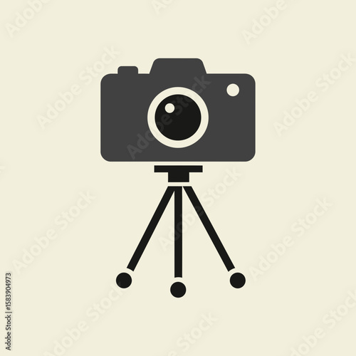 Camera on a tripod simple graphic icon black and white photography equipment.