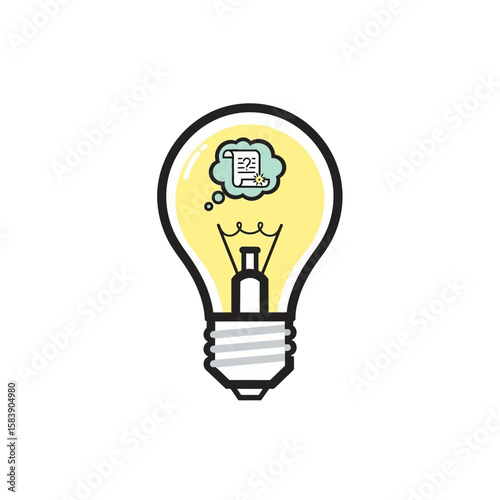 Lightbulb with brain cloud inside representing idea or thought on white background.