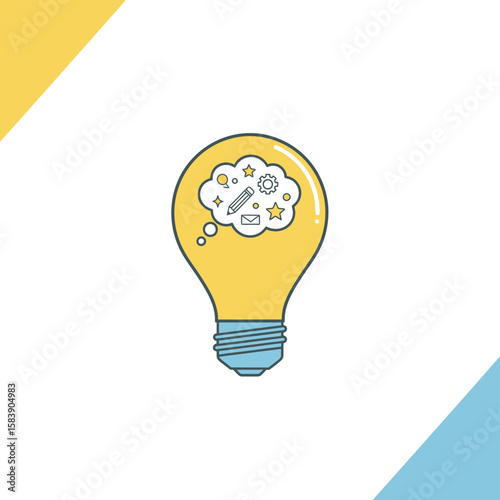 Lightbulb with brain icon inside on white background with colored corners.