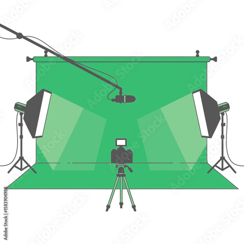 Illustration of a photography studio setup with green screen and lighting equipment.