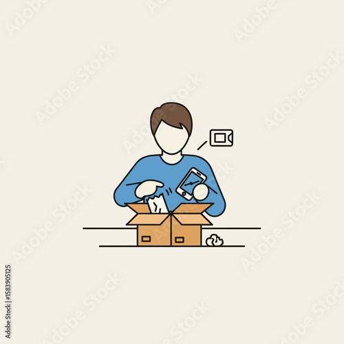 Person opening a cardboard box with a message icon above it.