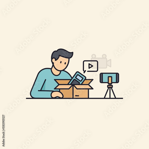 Man unboxing product for video recording with smartphone on tripod illustration.