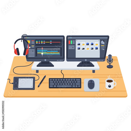 Computer workstation with two monitors keyboard mouse headphones tablet and other accessories.