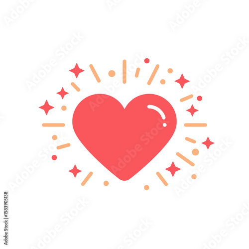 Red heart shape surrounded by sparkling light rays on a white background.