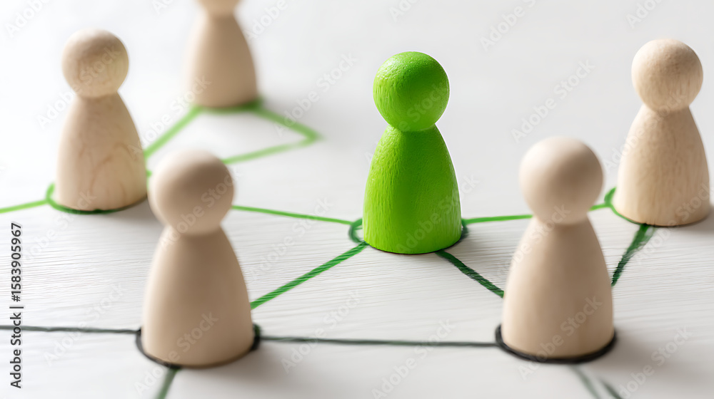 Obraz premium Wooden figures connected by green lines connection network