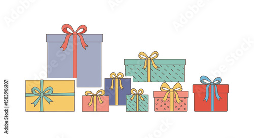Colorful Gift Boxes Illustration for Holiday Greetings, Celebrations, and Festive Marketing Campaigns. Ideal for e-commerce, social media, and event promotions