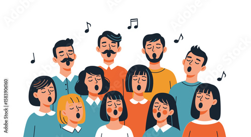 Diverse Choir Singing in Harmony with Musical Notes Illustration for Community Events and Vocal Performance Arts Promotion, suitable for music education materials.