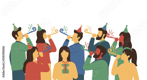 Group of people celebrating a birthday or special event with party hats and noisemakers, ideal for illustrating festive occasions and social gatherings