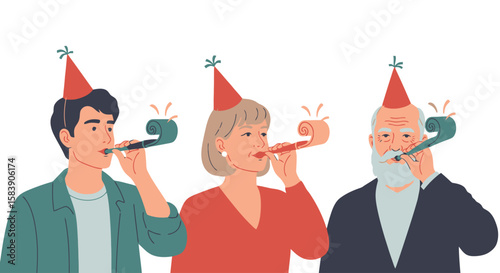 Multigenerational Celebration: Diverse Group in Party Hats Blowing Horns for Festive Event