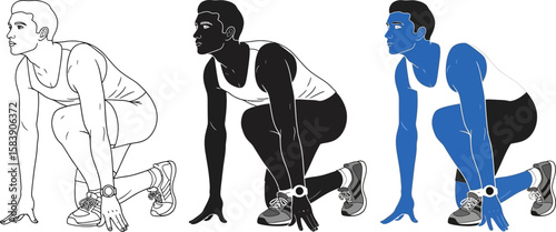 Runner in starting blocks ready to sprint in black white and blue graphic styles