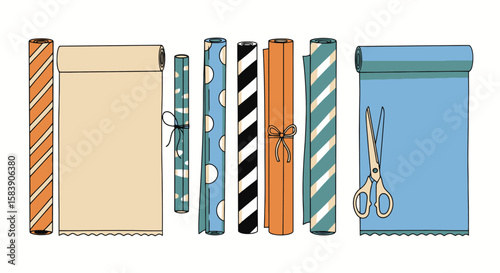 Assorted wrapping paper rolls, sheets, and scissors for gift packaging and DIY projects