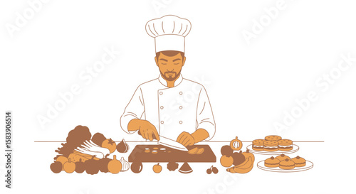 Chef Chopping Vegetables for Meal Preparation. Professional Cook in Kitchen with Ingredients and Prepared Food.