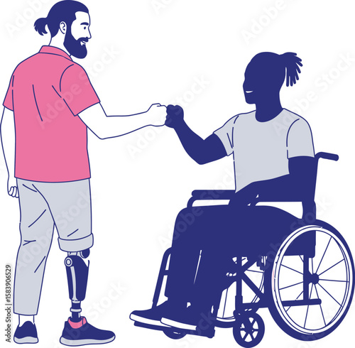 Two men one with a prosthetic leg and one in a wheelchair fist bumping