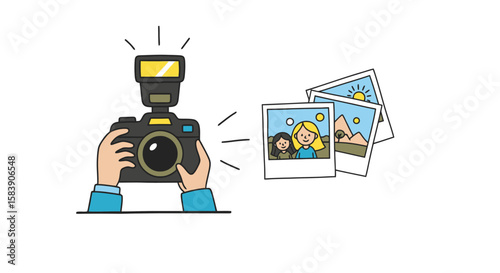 Photography concept: Hands holding a camera with flash, creating instant photo prints. Flat line art illustration.