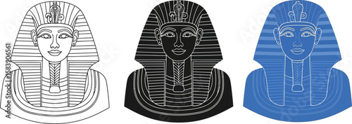 Three stylized egyptian pharaoh head profiles in black and white and blue