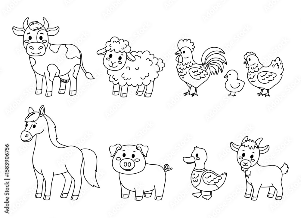 Obraz premium Cartoon animals on the farm. Cow, pig, sheep, horse, duck, chicken, rooster, goat, chick.