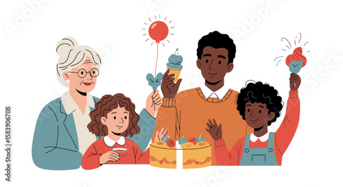 Diverse family celebrating birthday with cake, ice cream, and party items. Happy multi-generational group.