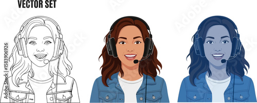 Vector set of a smiling woman wearing headphones with microphone