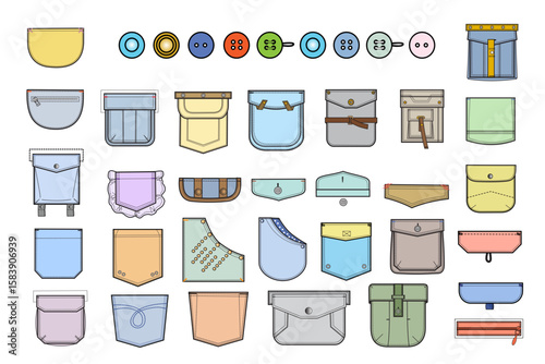 Vector set of pockets and buttons for clothes.
