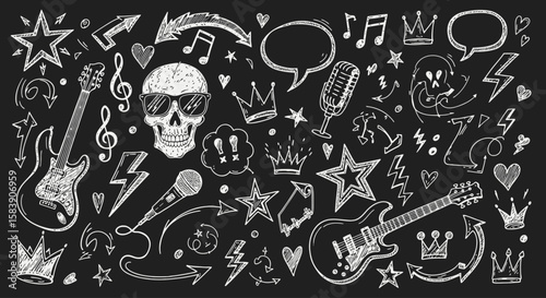 Hand-Drawn Rock & Roll Doodle Set on Chalkboard. Music Icons, Skulls, Guitars, Stars, Notes, Microphones & Crowns.