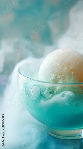Close up of a creamy off white ice cream scoop nestled in a glass bowl filled with teal liquid, emitting a soft, ethereal white smoke. The background features a blurred teal gradient.