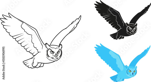 Three stylized owls in flight with wings spread on a white background