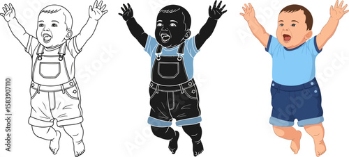 Joyful baby boy in overalls jumping with arms raised in excitement
