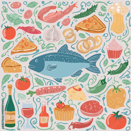 Detailed illustration of Italian cuisine with fish, cheese, pasta, pizza, wine, and delicacies. Ideal for menus, packaging, or culinary advertising